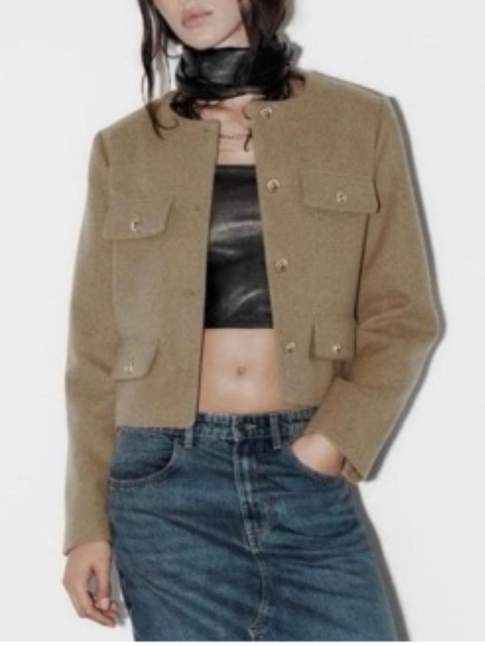 Zara Cropped Button Front Jacket olive green chic size XS
